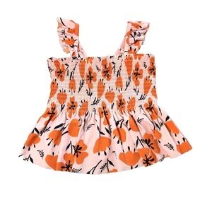 Hanna Andersson Orange Pink Floral Smocked Tainan Mixie Swim Top Girls Size 6-7